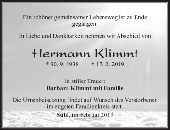 Traueranzeige von Hermann Klimmt von Südthüringer Presse