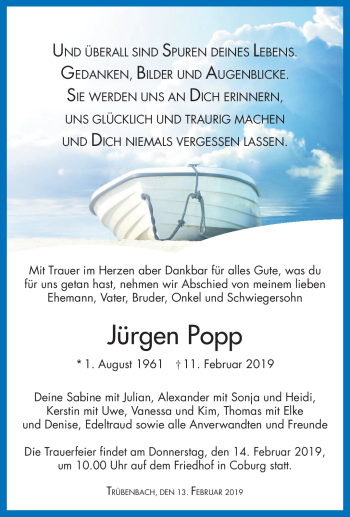 Traueranzeige von Jürgen Popp von Neue Presse Coburg