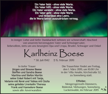 Traueranzeige von Karlheinz Boese von Südthüringer Presse