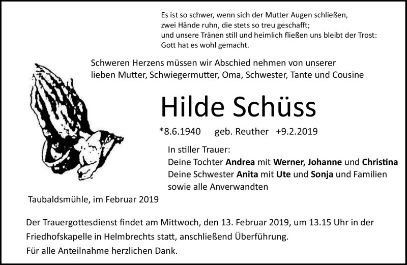  Traueranzeige für Hilde Schüss vom 11.02.2019 aus Frankenpost