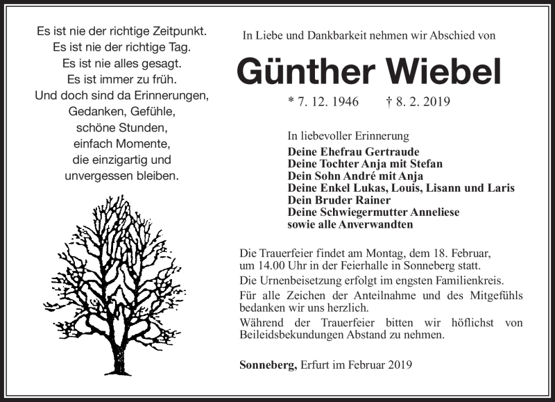  Traueranzeige für Günther Wiebel vom 14.02.2019 aus Südthüringer Presse