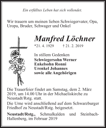 Traueranzeige von Manfred Löcher von Südthüringer Presse