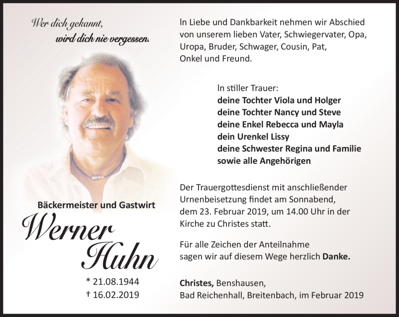  Traueranzeige für Werner Huhn vom 20.02.2019 aus Südthüringer Presse