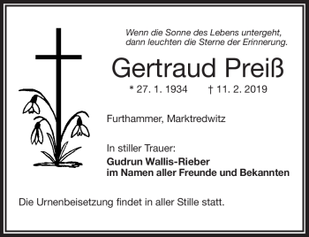 Traueranzeige von Gertraud Preiß von Frankenpost