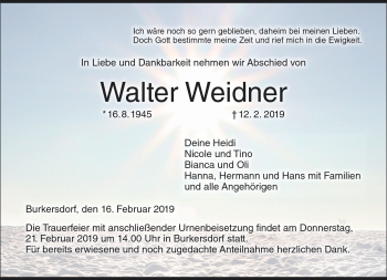 Traueranzeige von Walter Weidner von Neue Presse Coburg