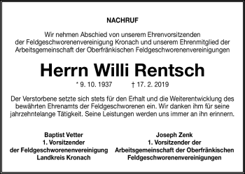 Traueranzeige von Willi Rentsch von Neue Presse Coburg