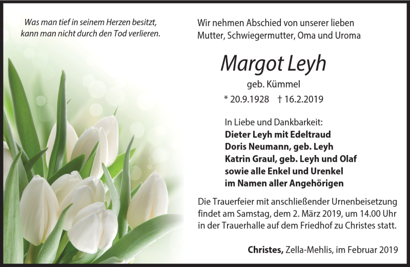  Traueranzeige für Margot Leyh vom 23.02.2019 aus Südthüringer Presse