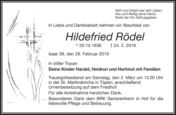 Traueranzeige von Hildefried Rödel von Frankenpost