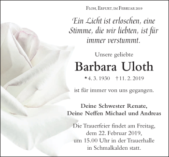 Traueranzeige von Barbara Uloth von Südthüringer Presse