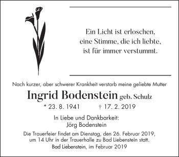 Traueranzeige von Ingrid Bodenstein von Südthüringer Presse
