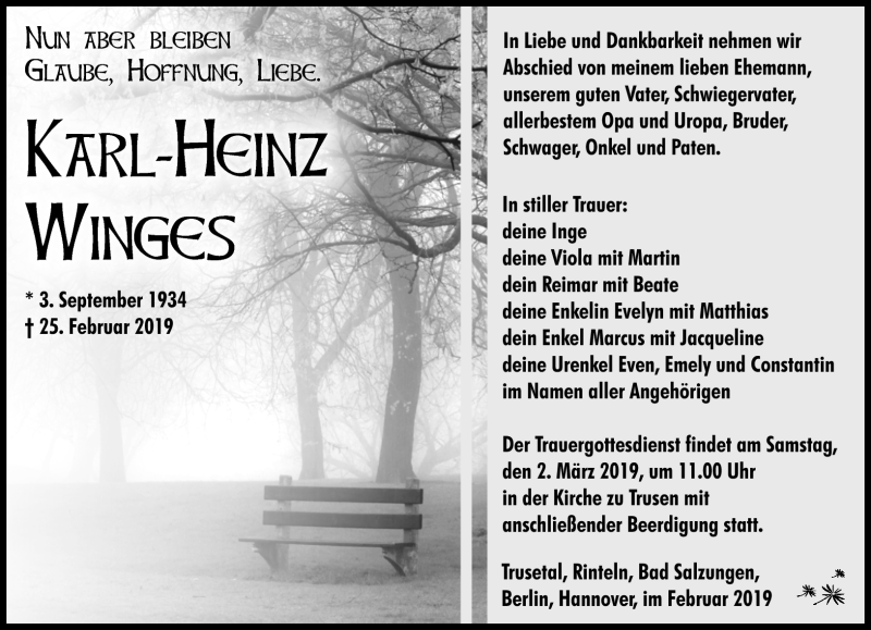  Traueranzeige für Karl-Heinz Winges vom 28.02.2019 aus Südthüringer Presse