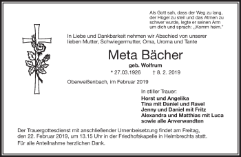 Traueranzeige von Meta Bächer von Frankenpost