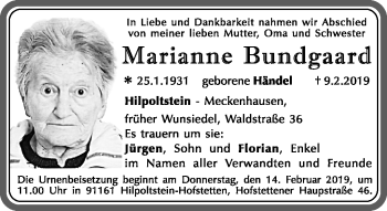 Traueranzeige von Mariann Bundgaard von Frankenpost