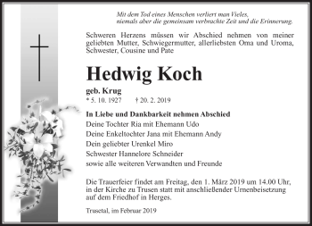 Traueranzeige von Hedwig Koch von Südthüringer Presse