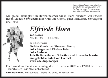 Traueranzeige von Elfriede Horn von Südthüringer Presse