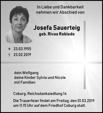 Traueranzeige von Josefa Sauertaig von Neue Presse Coburg