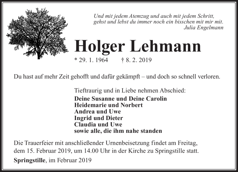 Traueranzeige für Holger Lehmann vom 12.02.2019 aus Südthüringer Presse