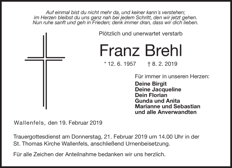  Traueranzeige für Franz Brehl vom 19.02.2019 aus Neue Presse Coburg