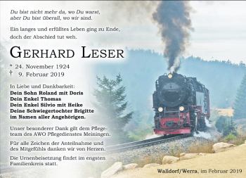 Traueranzeige von Gerhard Leser von Südthüringer Presse