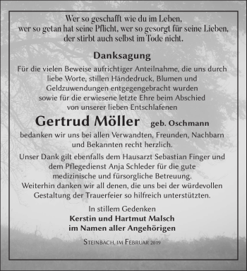 Traueranzeige von Gertrud Möller von Südthüringer Presse