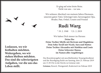 Traueranzeige von Rudi Wag von Südthüringer Presse
