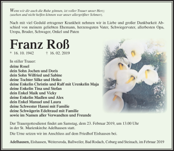 Traueranzeige von Franz Roß von Südthüringer Presse