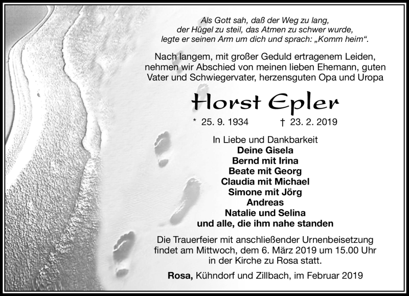  Traueranzeige für Horst Eppler vom 28.02.2019 aus Südthüringer Presse