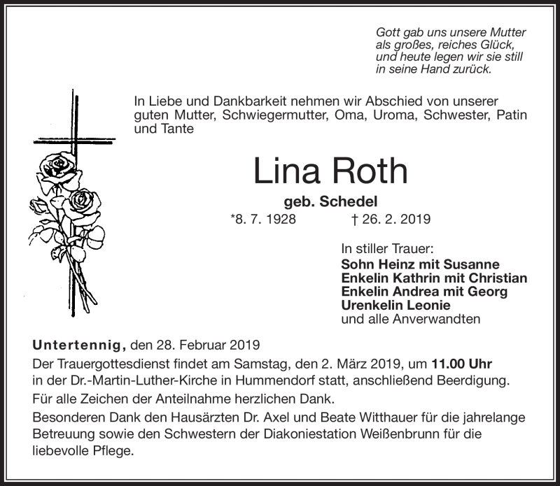  Traueranzeige für Lina Roth vom 28.02.2019 aus Neue Presse Coburg