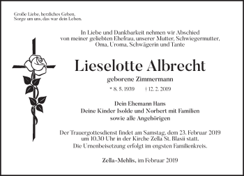 Traueranzeige von Lieselotte Albrecht von Südthüringer Presse
