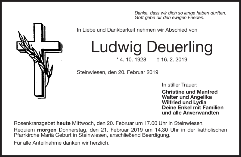  Traueranzeige für Ludwig Deuerling vom 20.02.2019 aus Neue Presse Coburg