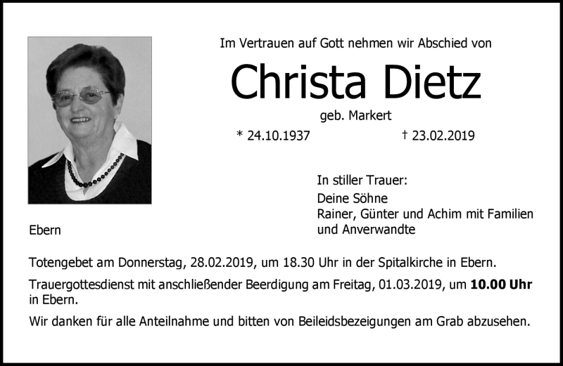  Traueranzeige für Christa Dietz vom 28.02.2019 aus Neue Presse Coburg