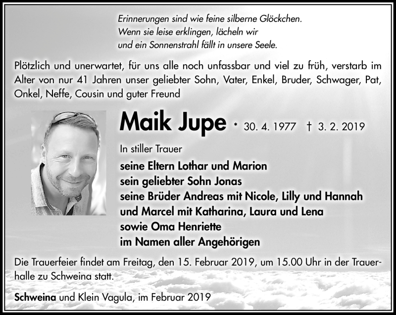 Traueranzeige für Maik Jupe vom 09.02.2019 aus Südthüringer Presse