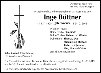 Traueranzeige von Inge Büttner von Neue Presse Coburg