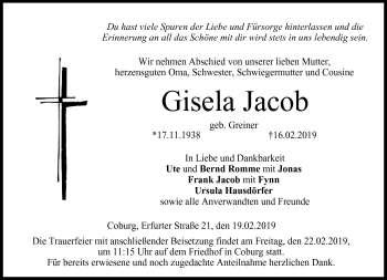 Traueranzeige von Gisela Jacob von Neue Presse Coburg