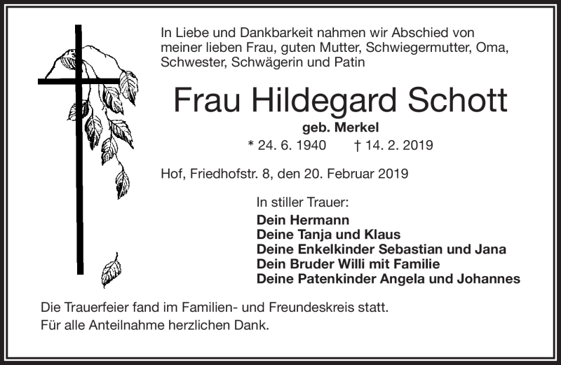 Traueranzeige für Hildegard Schott vom 20.02.2019 aus Frankenpost