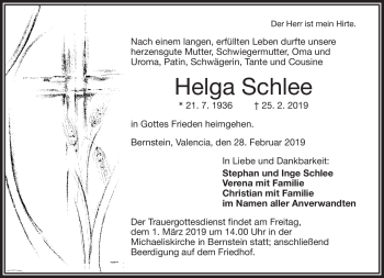 Traueranzeige von Helga Schlee von Frankenpost