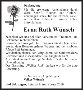 Traueranzeige von Erna Ruth Wünsch von Südthüringer Presse