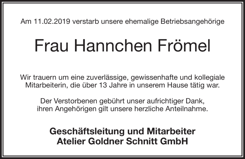  Traueranzeige für Hannchen Frömmel vom 14.02.2019 aus Frankenpost