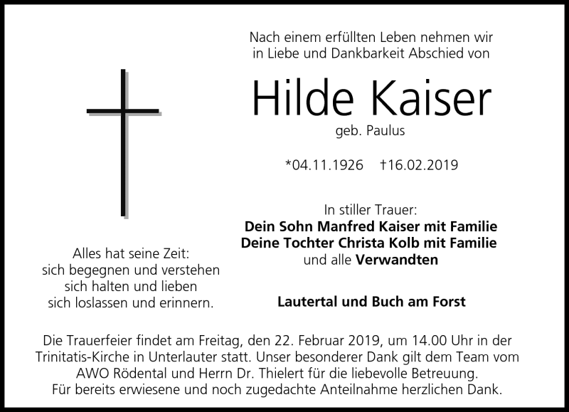  Traueranzeige für Hilde Kaiser vom 20.02.2019 aus Neue Presse Coburg