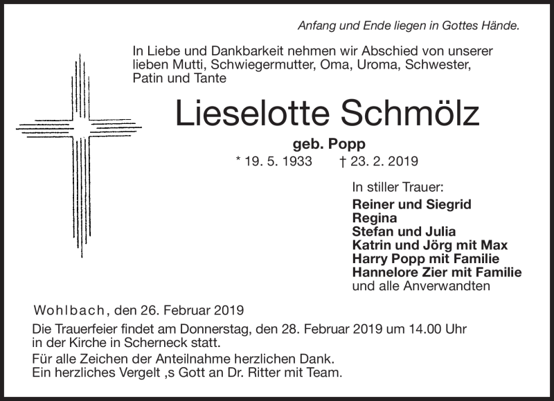  Traueranzeige für Lieselotte Schmölz vom 26.02.2019 aus Neue Presse Coburg