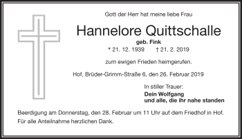 Traueranzeige von Hannelore Quittschalle von Frankenpost