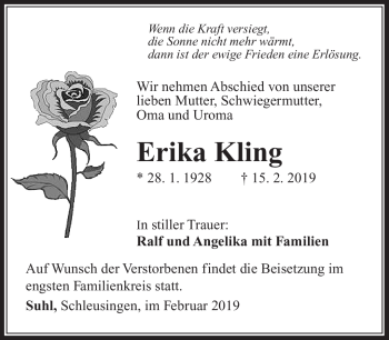 Traueranzeige von Erika Kling von Südthüringer Presse