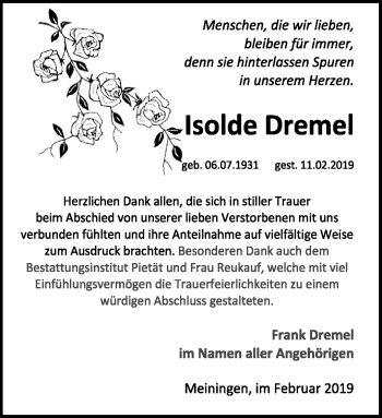 Traueranzeige von Isolde Dremel von Südthüringer Presse