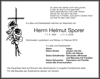Traueranzeige von Helmut Sporer von Frankenpost