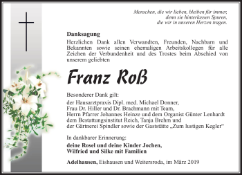 Traueranzeige von Franz Roß von Südthüringer Presse