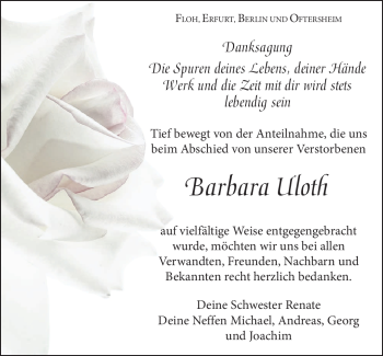 Traueranzeige von Barbara Uloth von Südthüringer Presse