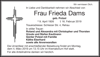 Traueranzeige von Frieda Dams von Frankenpost