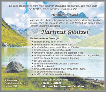 Traueranzeige von Hartmut Güntzel von Südthüringer Presse