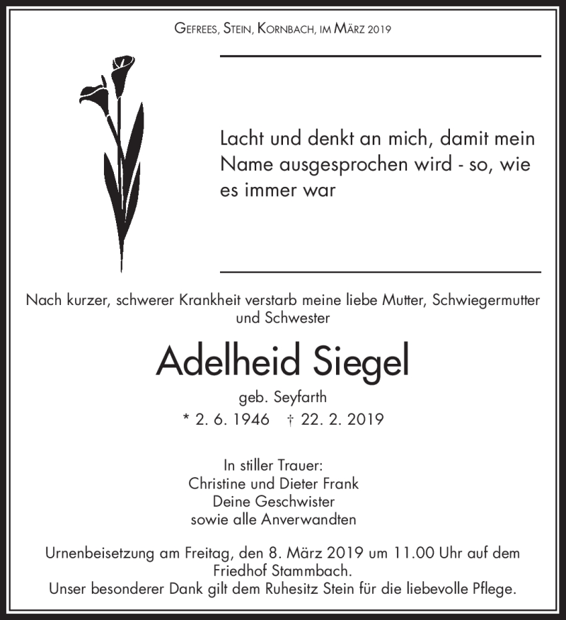  Traueranzeige für Adelheit Siegel vom 06.03.2019 aus Frankenpost