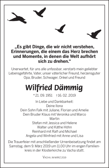Traueranzeige von Wilfried Dämmig von Südthüringer Presse